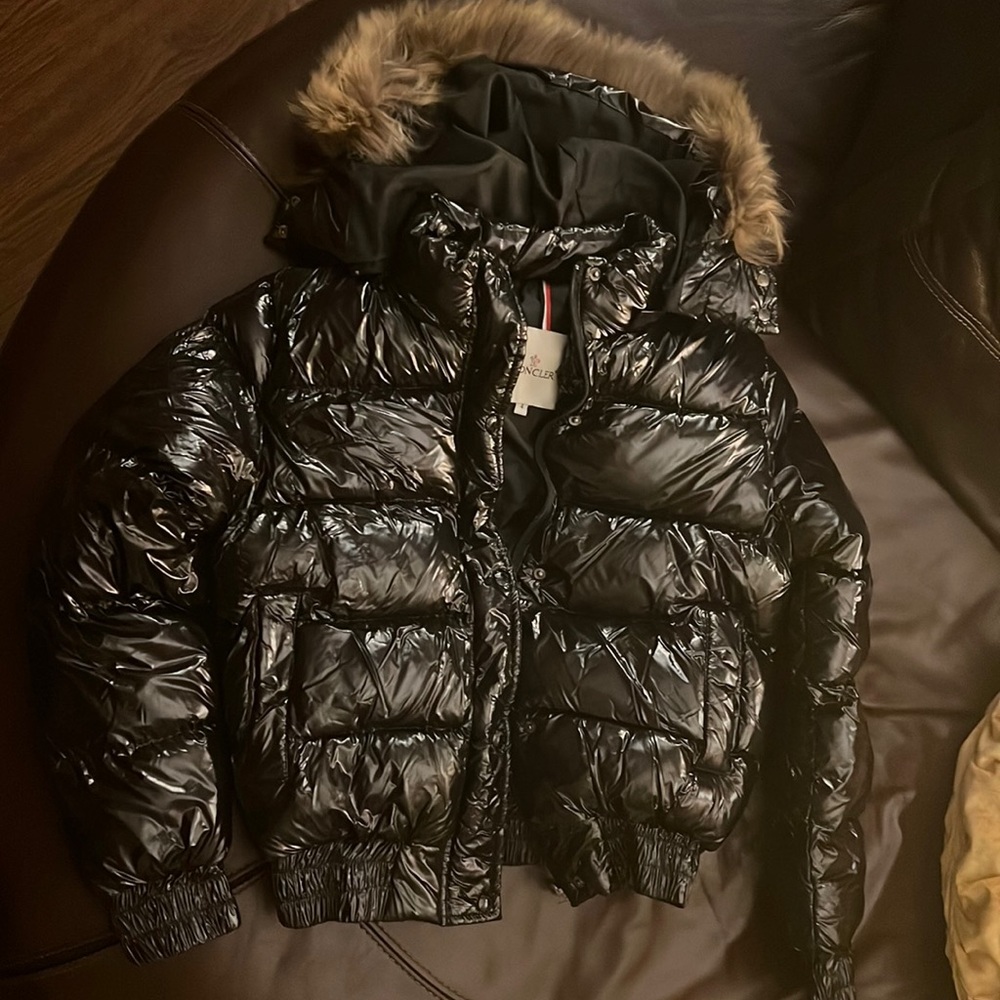 Moncler patent black puffer jacket with fur hood!